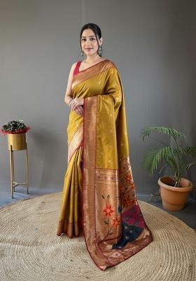 Mustard Zari Work Silk Blend Saree Set