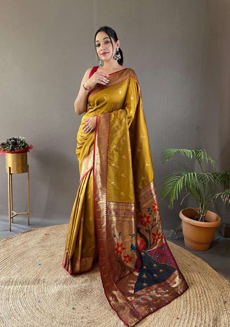 Mustard Silk Blend Saree Set with Zari Work for Diwali | Wedding & Festive Wear - Indya