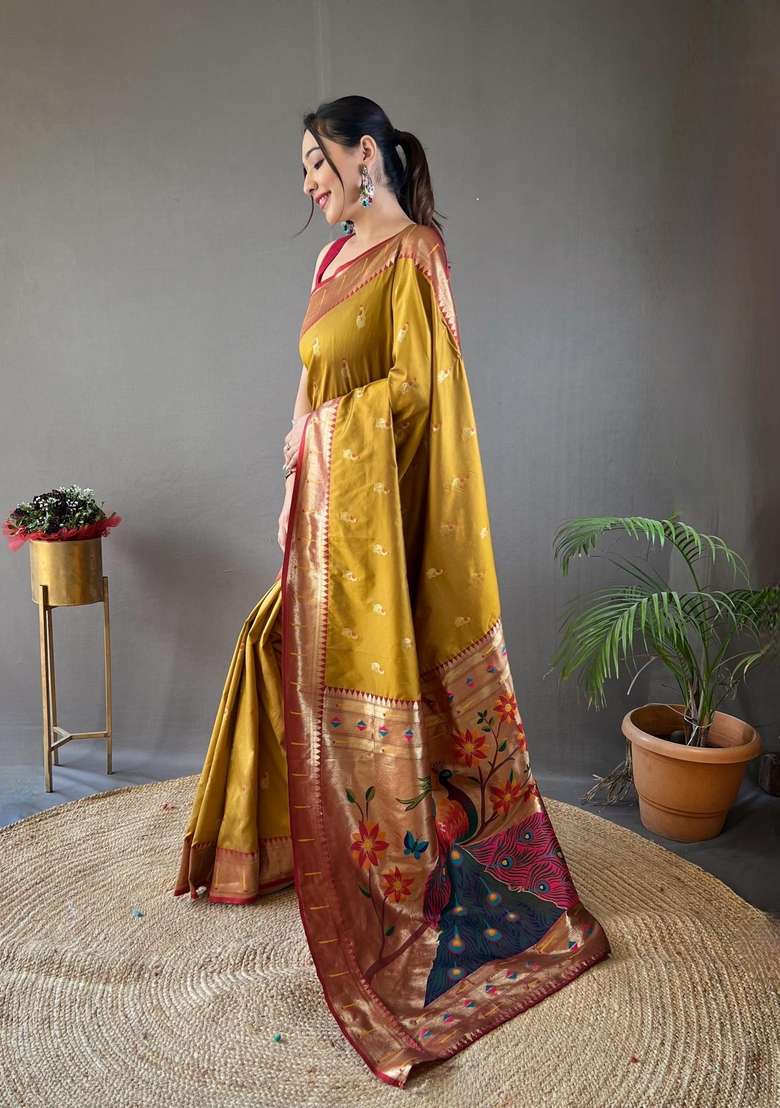 Mustard Silk Blend Saree Set with Zari Work for Diwali | Wedding & Festive Wear - Indya