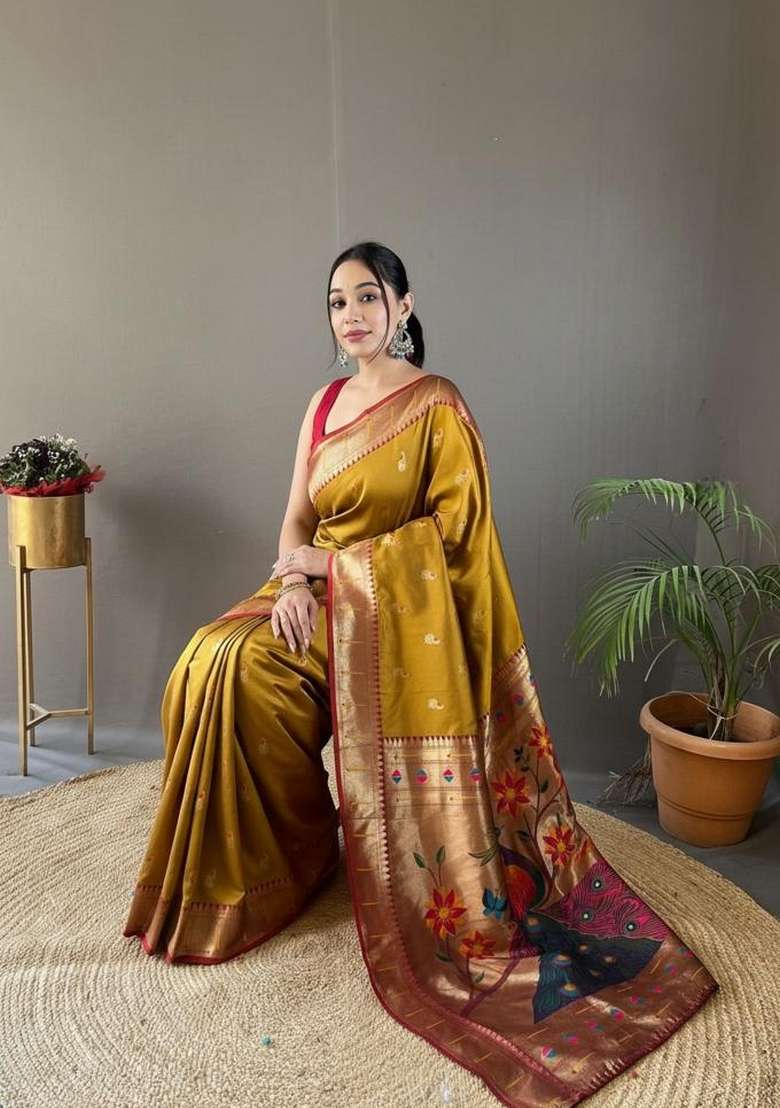 Mustard Silk Blend Saree Set with Zari Work for Diwali | Wedding & Festive Wear - Indya