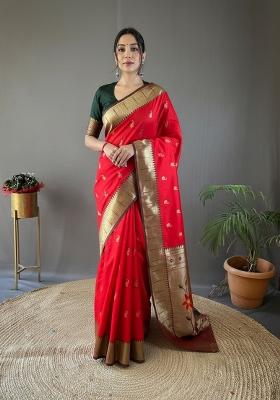 Red Zari Work Silk Blend Saree Set