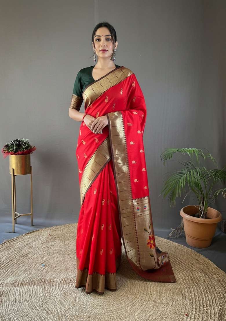 Red Silk Blend Saree Set with Zari Work for Diwali | Wedding & Festive Wear - Indya