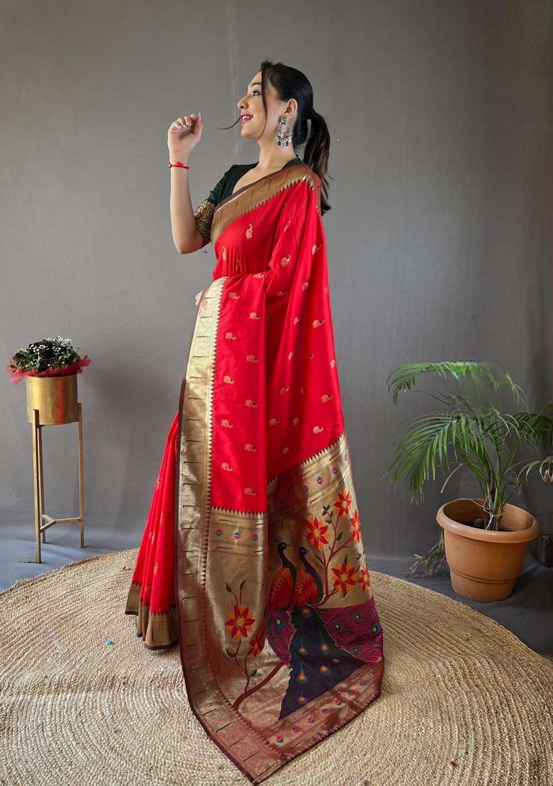 Red Silk Blend Saree Set with Zari Work for Diwali | Wedding & Festive Wear - Indya