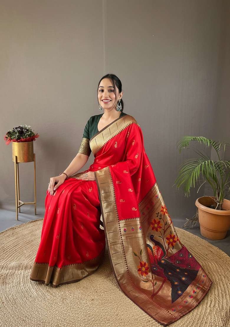 Red Silk Blend Saree Set with Zari Work for Diwali | Wedding & Festive Wear - Indya