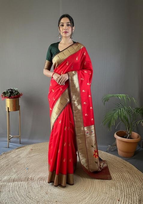 Red Zari Work Silk Saree Set — view on Indya