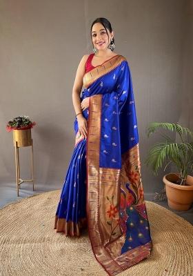 Royal Blue Zari Work Silk Blend Saree Set
