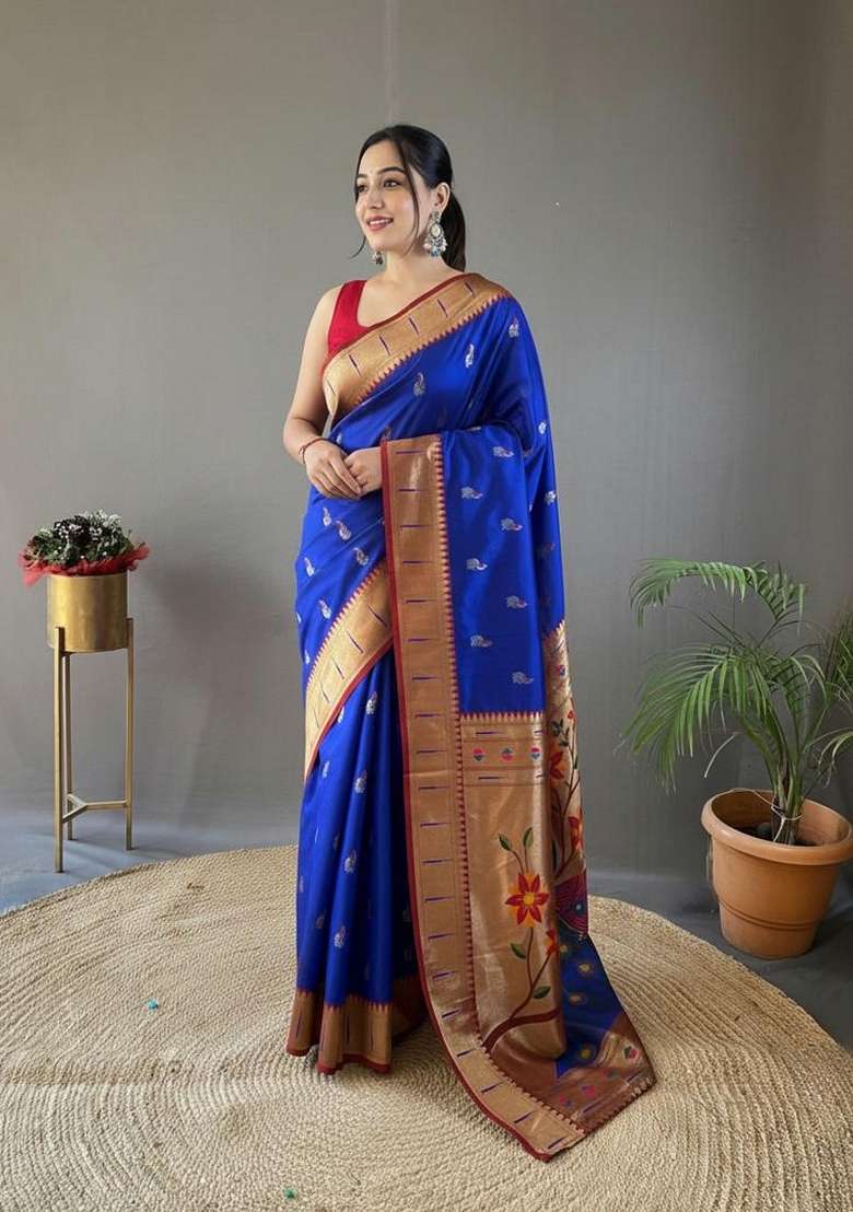 Royal Blue Zari Work Silk Blend Saree Set for Diwali and Festive Wear - Indya