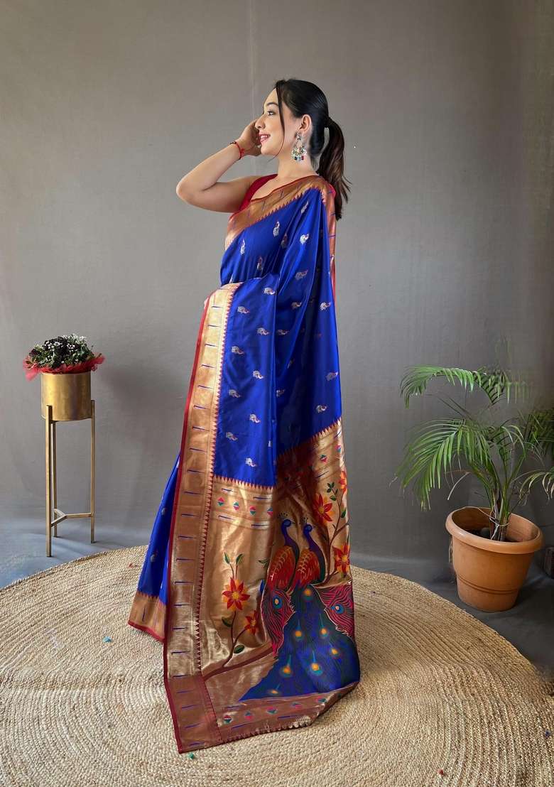 Royal Blue Zari Work Silk Blend Saree Set for Diwali and Festive Wear - Indya