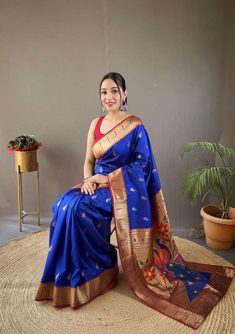 Royal Blue Zari Work Silk Blend Saree Set for Diwali and Festive Wear - Indya