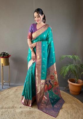 Turquoise Zari Work Silk Blend Saree Set
