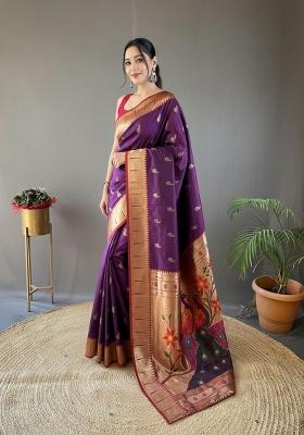 Wine Zari Work Silk Blend Saree Set