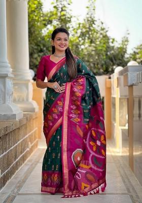 Dark Green Zari Work Silk Blend Saree Set