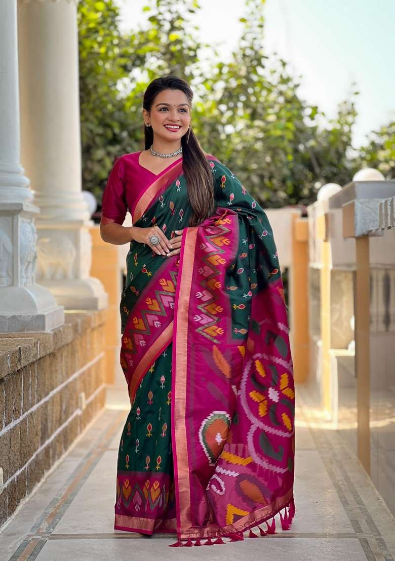 Dark Green Zari Work Silk Blend Saree Set for Diwali and Festive Wear - Indya