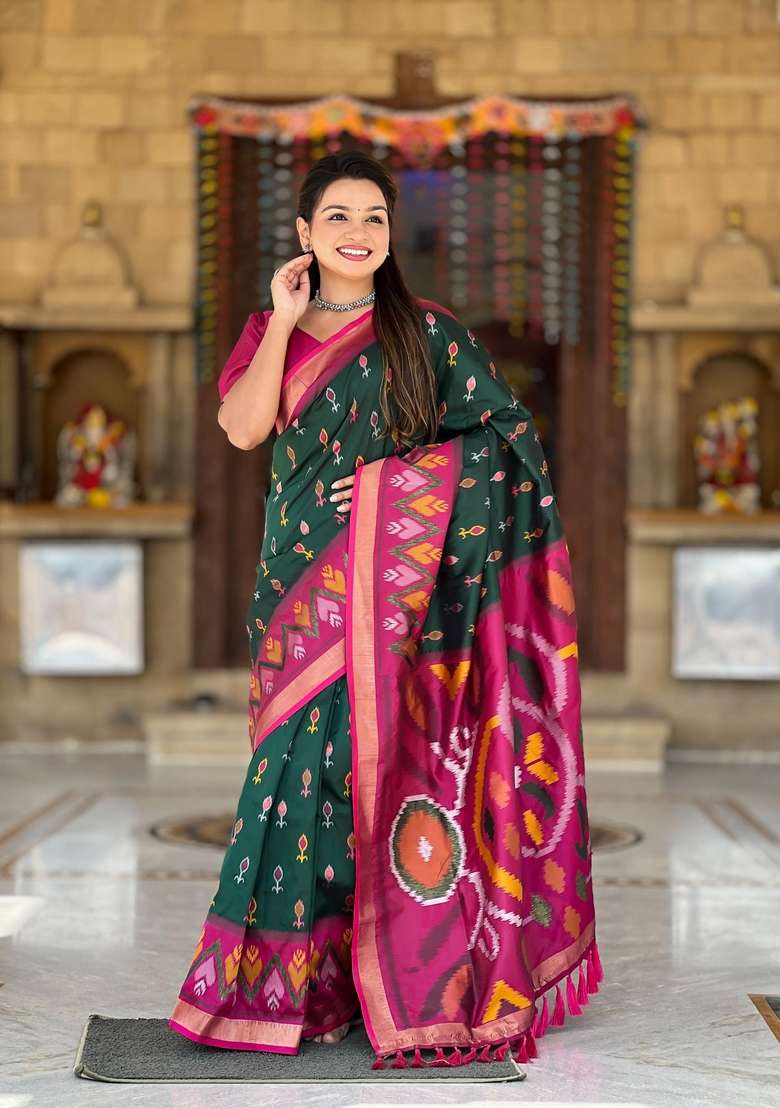 Dark Green Zari Work Silk Blend Saree Set for Diwali and Festive Wear - Indya