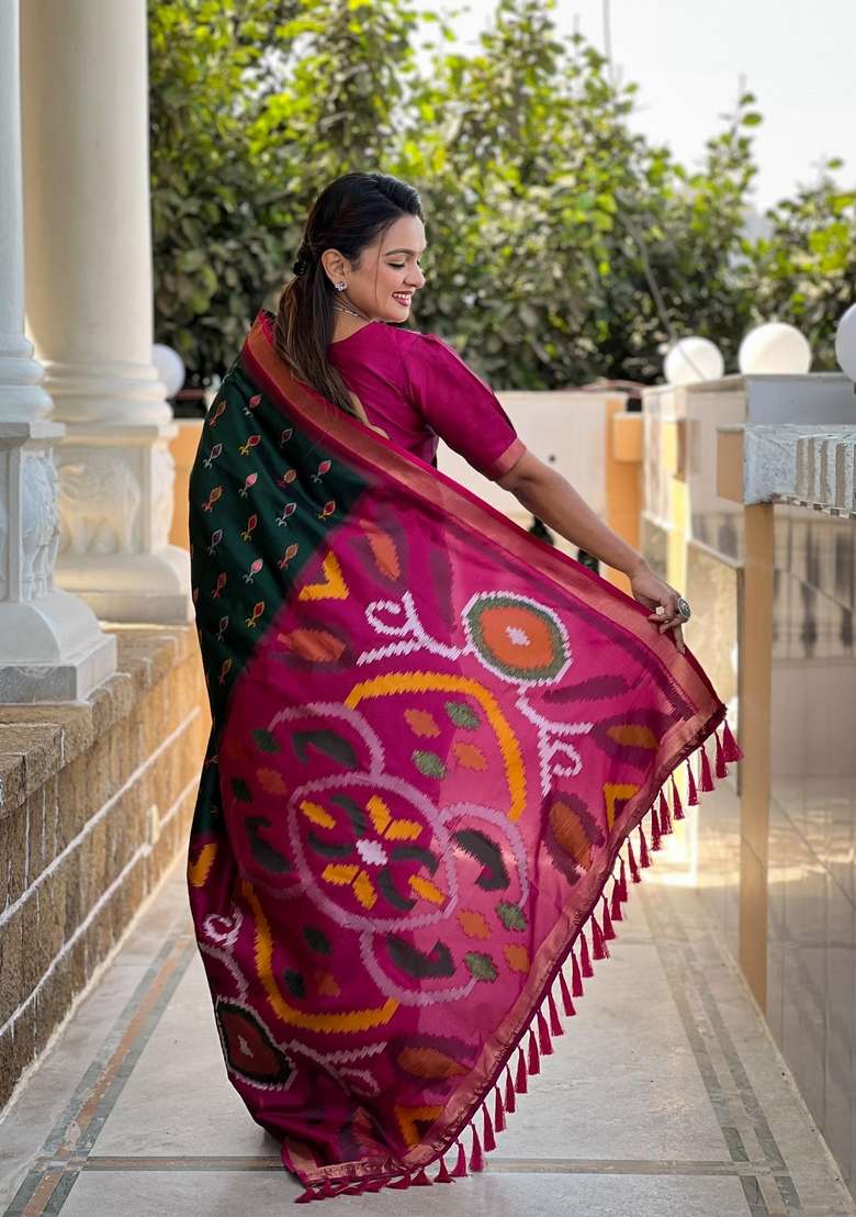 Dark Green Zari Work Silk Blend Saree Set for Diwali and Festive Wear - Indya