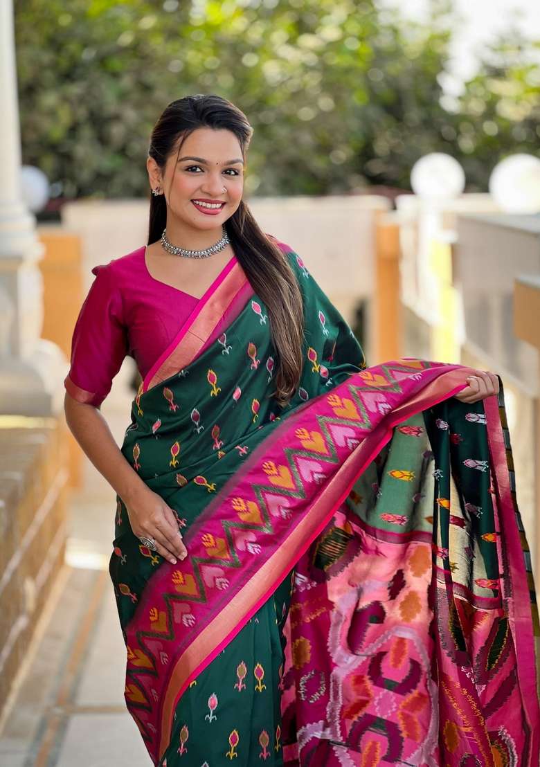 Dark Green Zari Work Silk Blend Saree Set for Diwali and Festive Wear - Indya