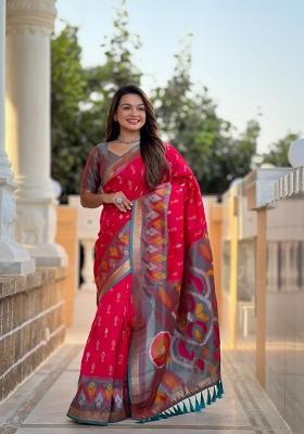 Hot Pink Zari Work Silk Blend Saree Set