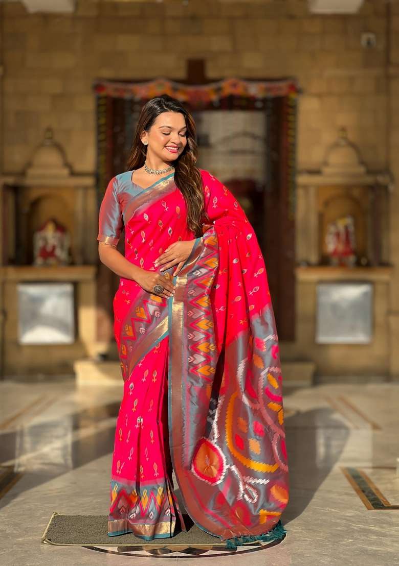 Hot Pink Zari Work Silk Blend Saree Set for Diwali and Festive Wear - Indya