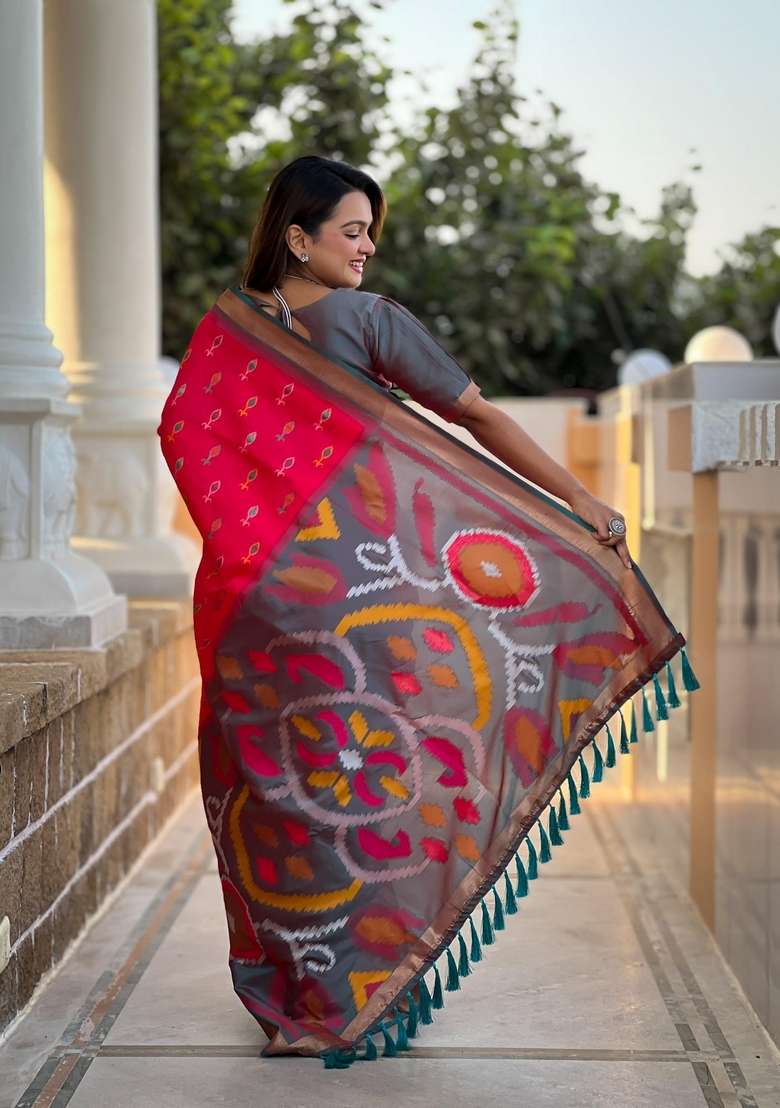 Hot Pink Zari Work Silk Blend Saree Set for Diwali and Festive Wear - Indya