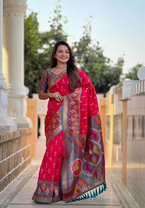 Hot Pink Zari Work Silk Saree Set — view on Indya