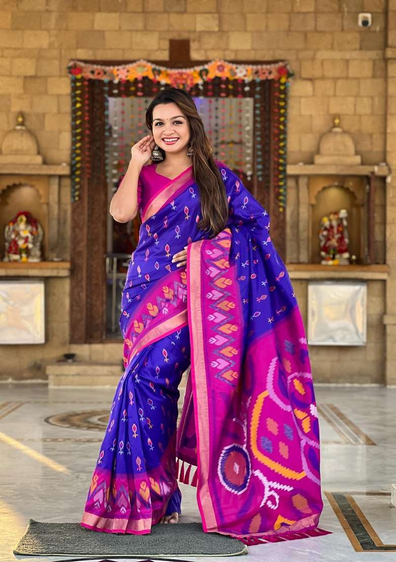Royal Blue Zari Work Silk Blend Saree Set for Diwali and Festive Wear - Indya