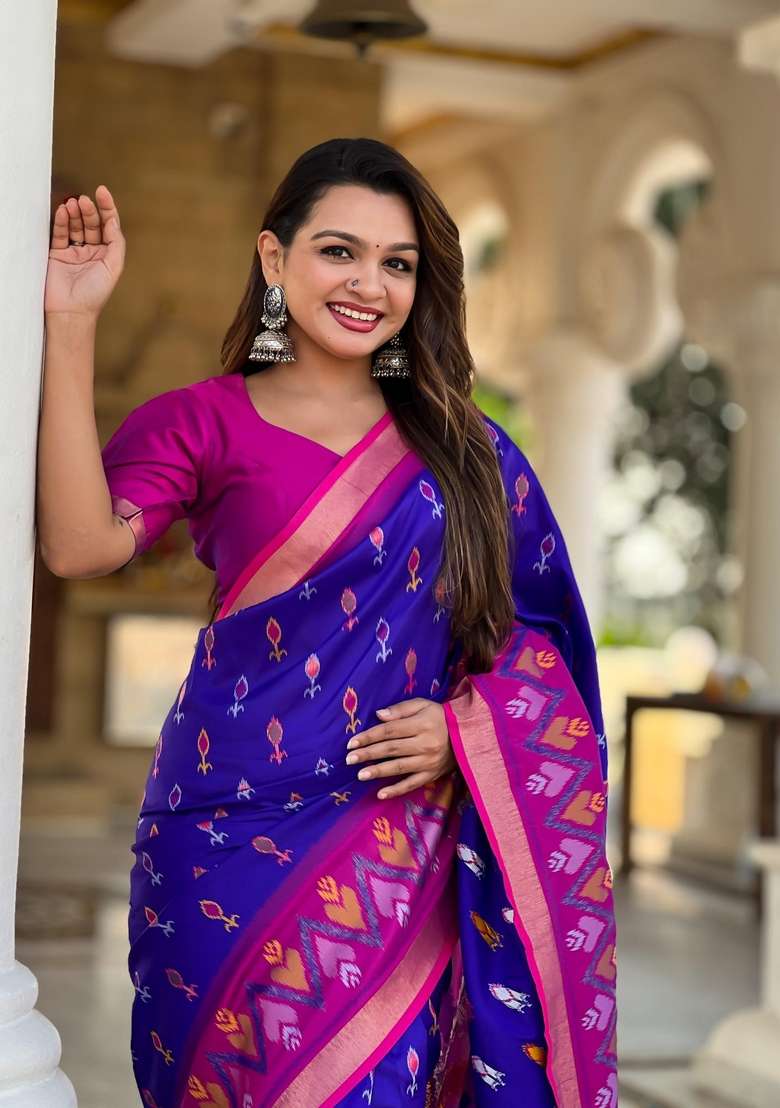 Royal Blue Zari Work Silk Blend Saree Set for Diwali and Festive Wear - Indya