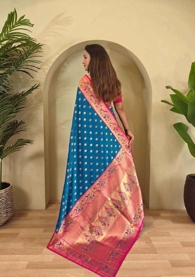 Blue Zari Work Silk Blend Saree Set for Diwali and Festive Wear - Indya