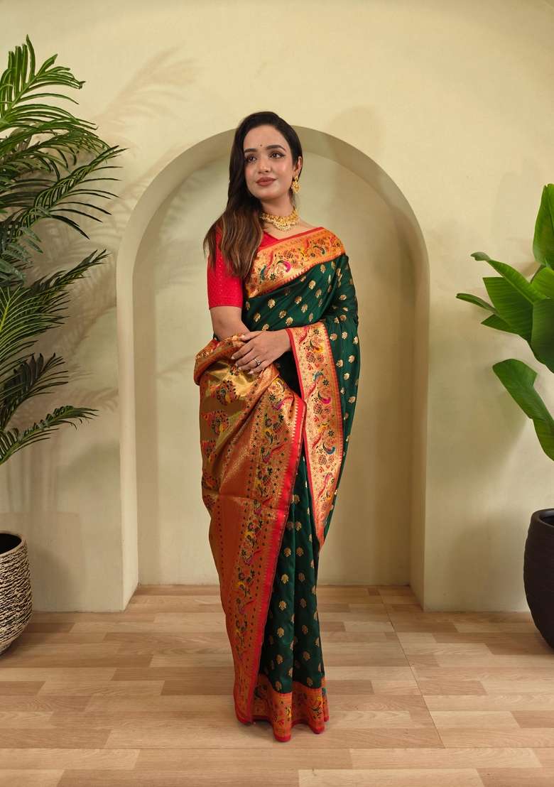 Green Silk Blend Saree Set with Zari Work for Diwali | Wedding & Festive Wear - Indya