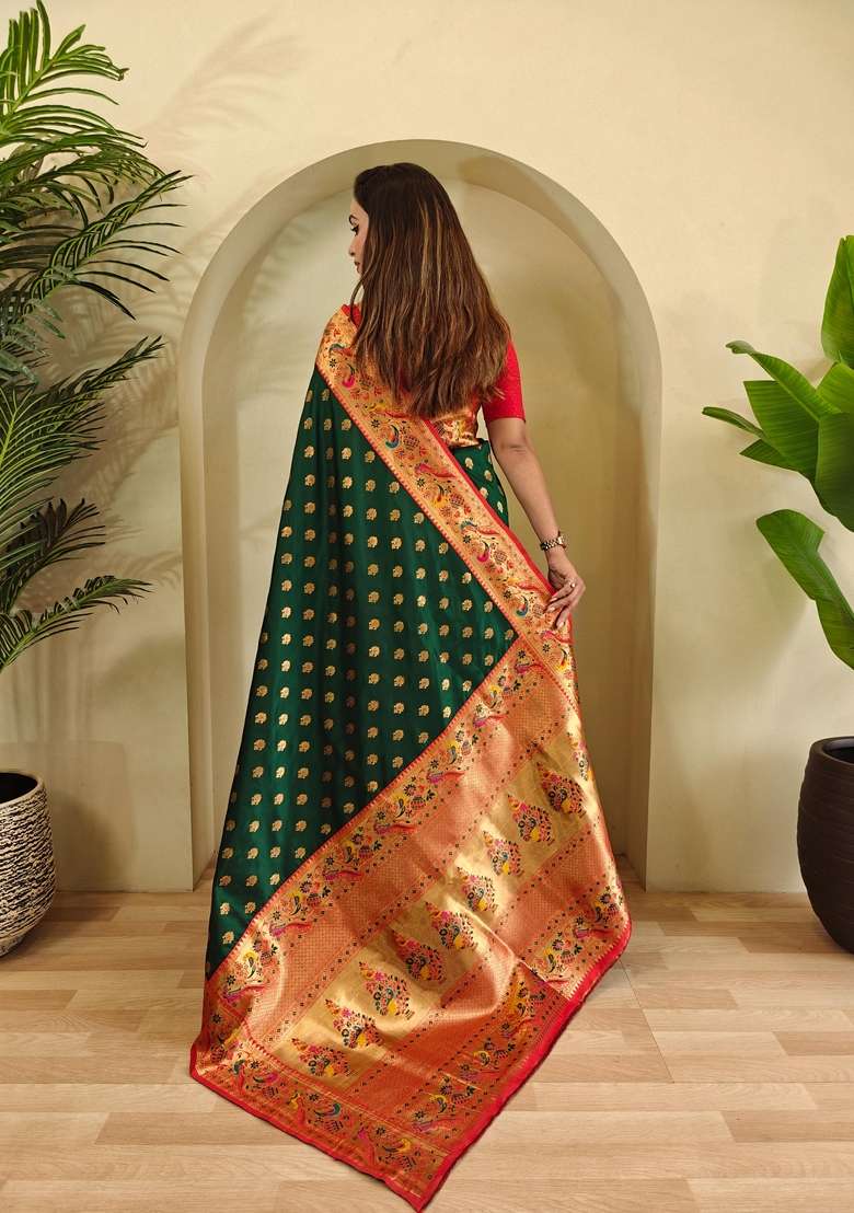 Green Silk Blend Saree Set with Zari Work for Diwali | Wedding & Festive Wear - Indya