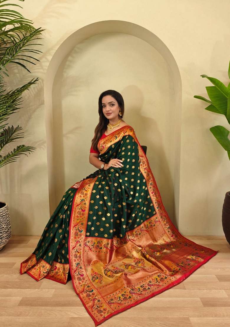 Green Silk Blend Saree Set with Zari Work for Diwali | Wedding & Festive Wear - Indya