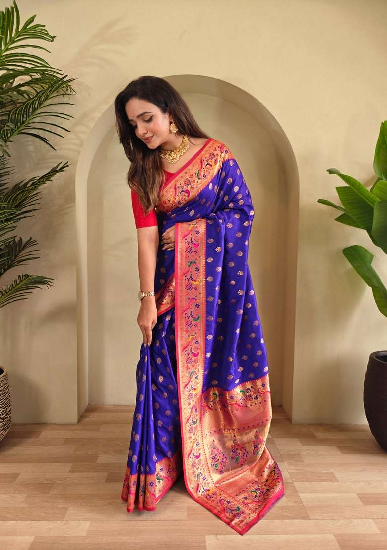 Magenta Zari Work Silk Blend Saree Set for Diwali and Festive Wear - Indya