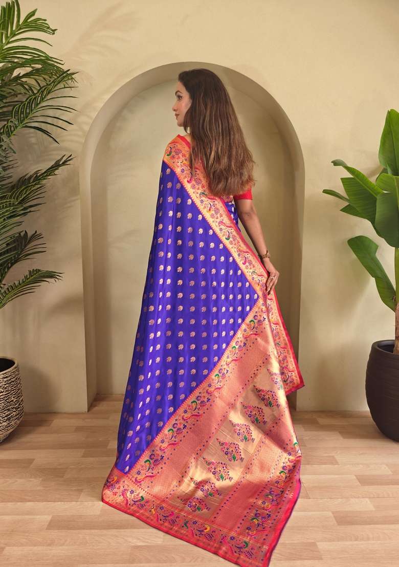 Magenta Zari Work Silk Blend Saree Set for Diwali and Festive Wear - Indya