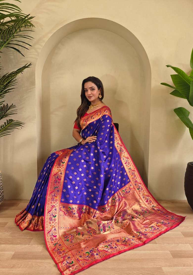 Magenta Zari Work Silk Blend Saree Set for Diwali and Festive Wear - Indya