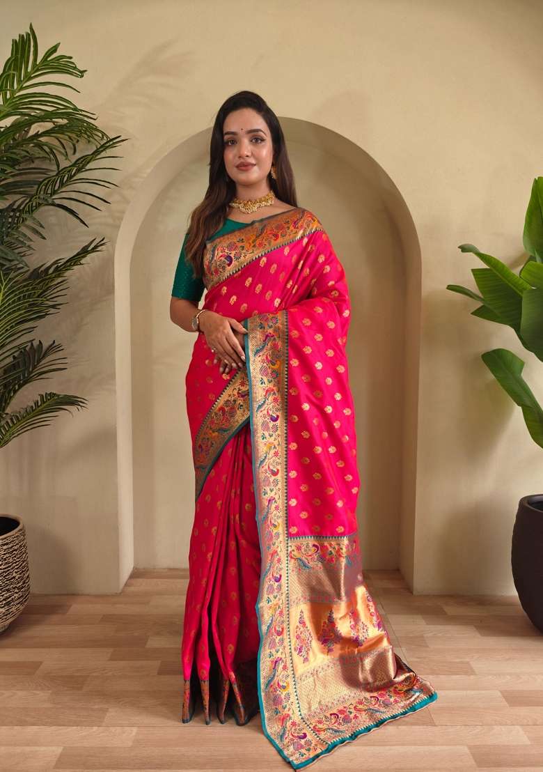 Pink Zari Work Silk Blend Saree Set for Diwali and Festive Wear - Indya