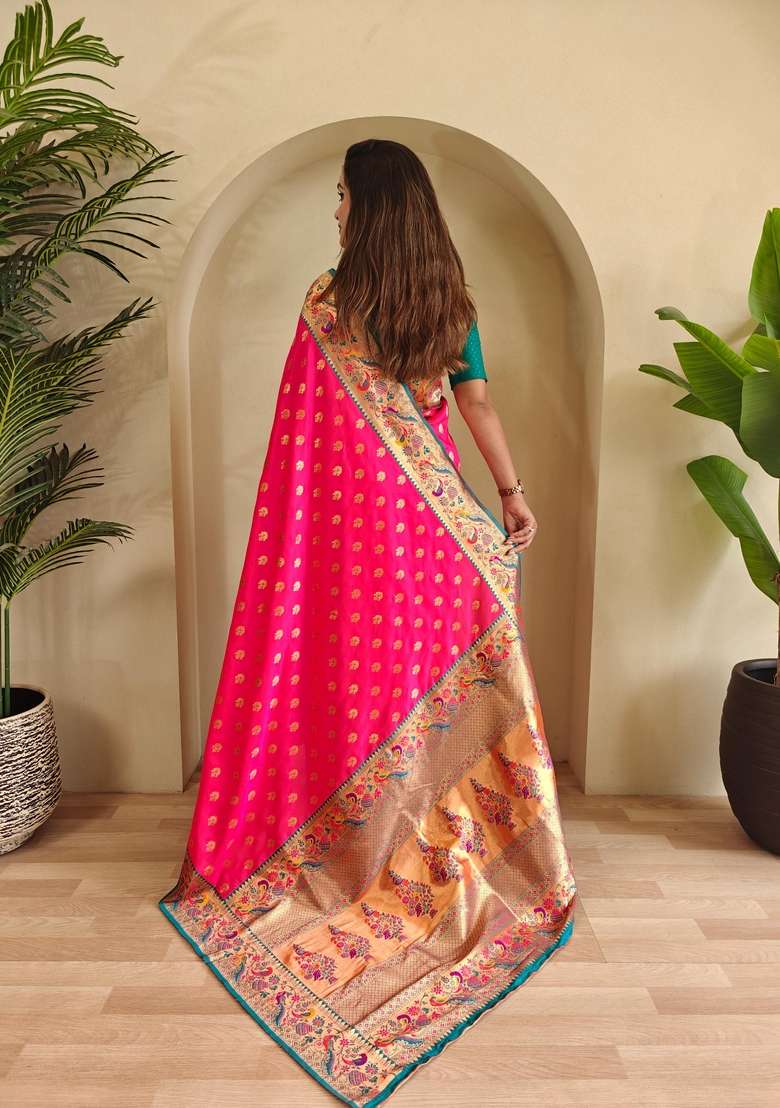 Pink Zari Work Silk Blend Saree Set for Diwali and Festive Wear - Indya