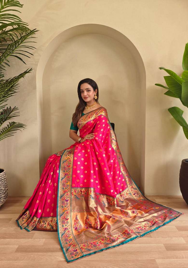 Pink Zari Work Silk Blend Saree Set for Diwali and Festive Wear - Indya