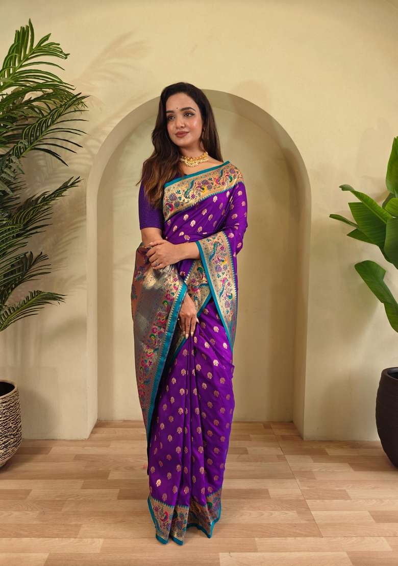 Purple Zari Work Silk Blend Saree Set for Diwali and Festive Wear - Indya