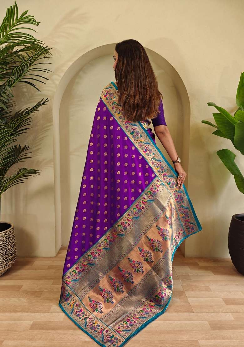 Purple Zari Work Silk Blend Saree Set for Diwali and Festive Wear - Indya