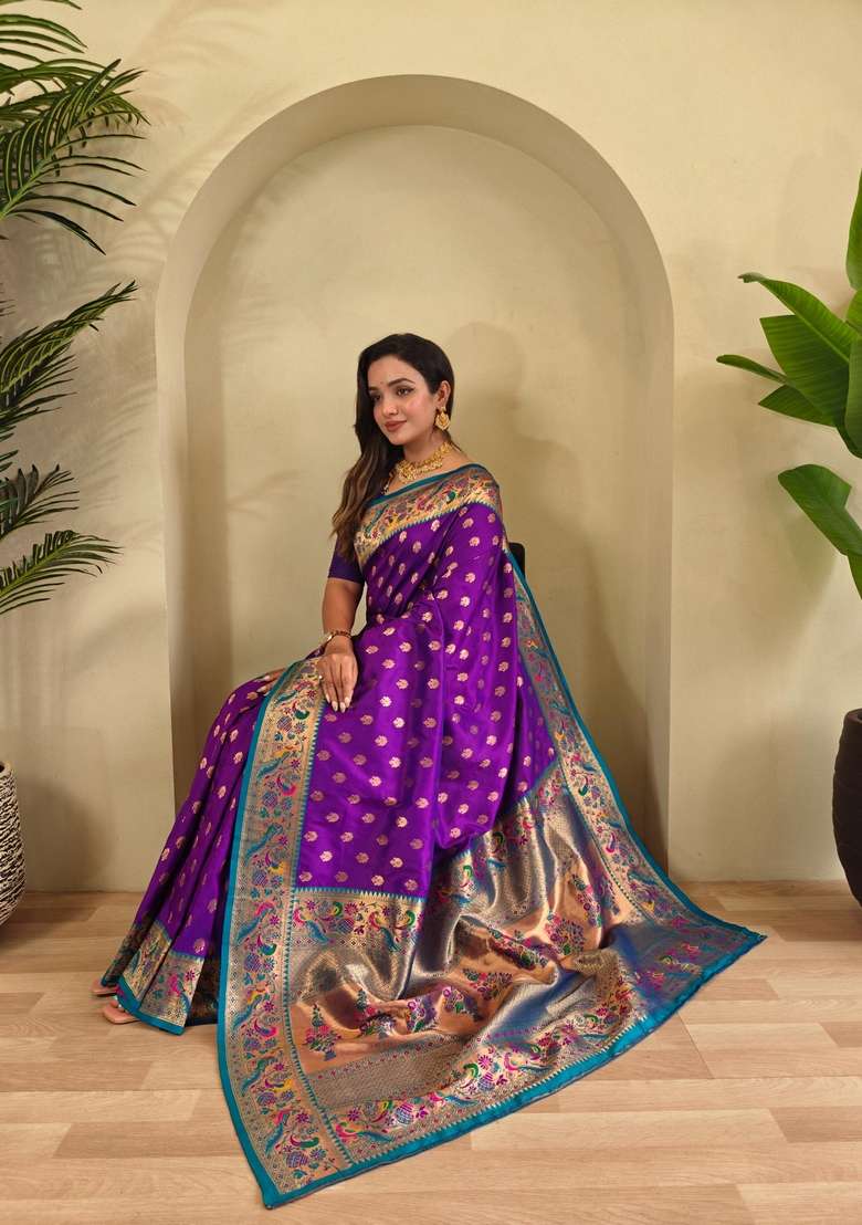 Purple Zari Work Silk Blend Saree Set for Diwali and Festive Wear - Indya