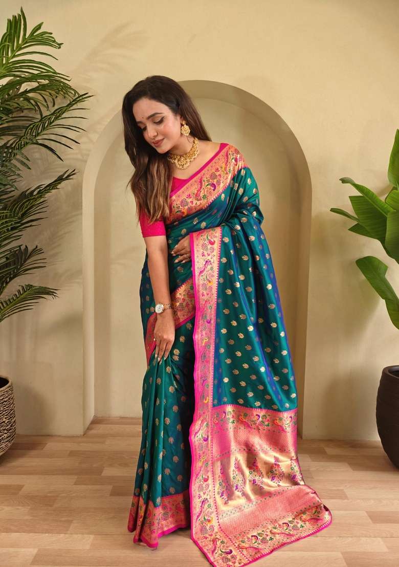 Pink Zari Work Silk Blend Saree Set for Diwali and Festive Wear - Indya