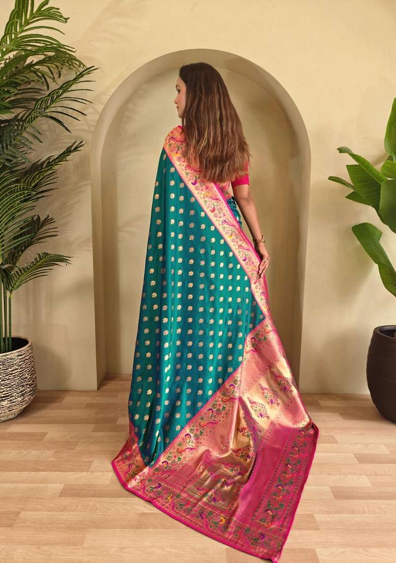 Pink Zari Work Silk Blend Saree Set for Diwali and Festive Wear - Indya