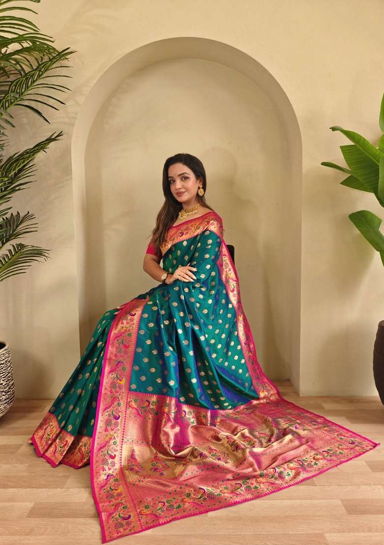 Pink Zari Work Silk Blend Saree Set for Diwali and Festive Wear - Indya