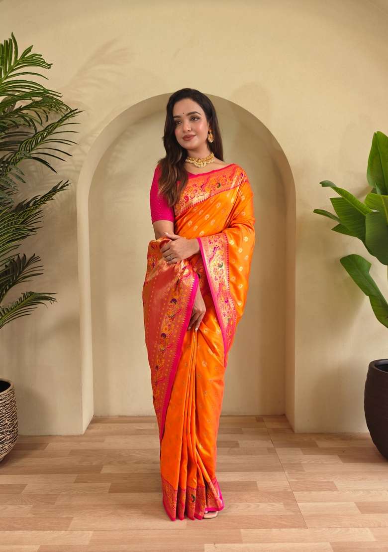 Yellow Zari Work Silk Blend Saree Set for Diwali and Festive Wear - Indya