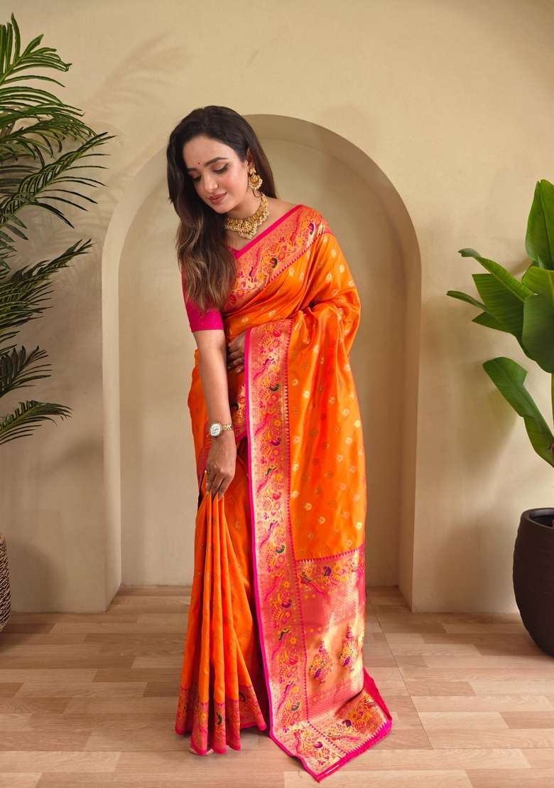 Yellow Zari Work Silk Blend Saree Set for Diwali and Festive Wear - Indya