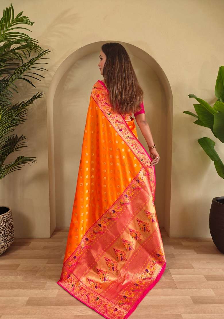 Yellow Zari Work Silk Blend Saree Set for Diwali and Festive Wear - Indya