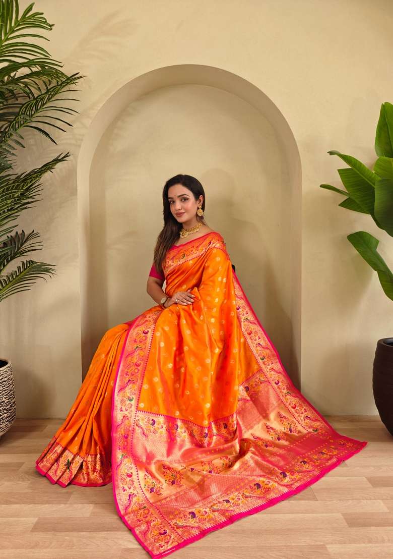 Yellow Zari Work Silk Blend Saree Set for Diwali and Festive Wear - Indya