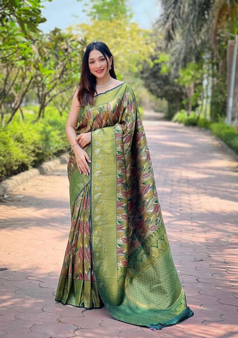 Green Zari Work Silk Blend Saree Set for Diwali and Festive Wear - Indya