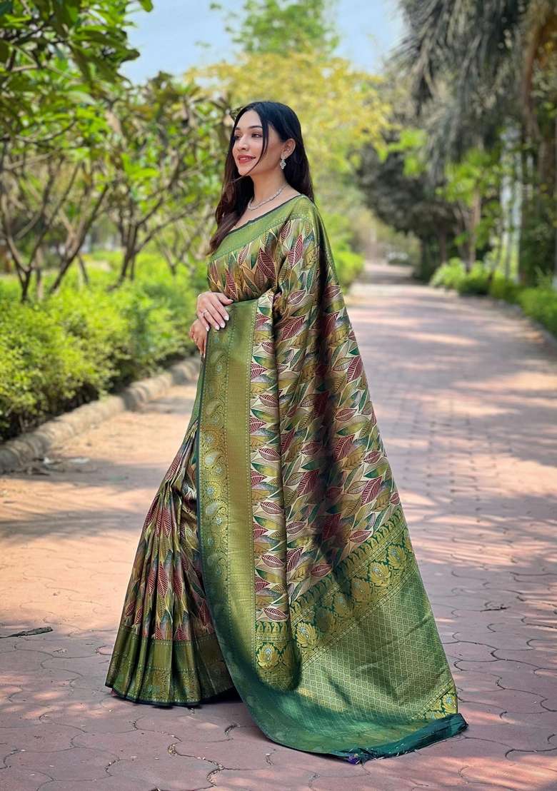 Green Zari Work Silk Blend Saree Set for Diwali and Festive Wear - Indya