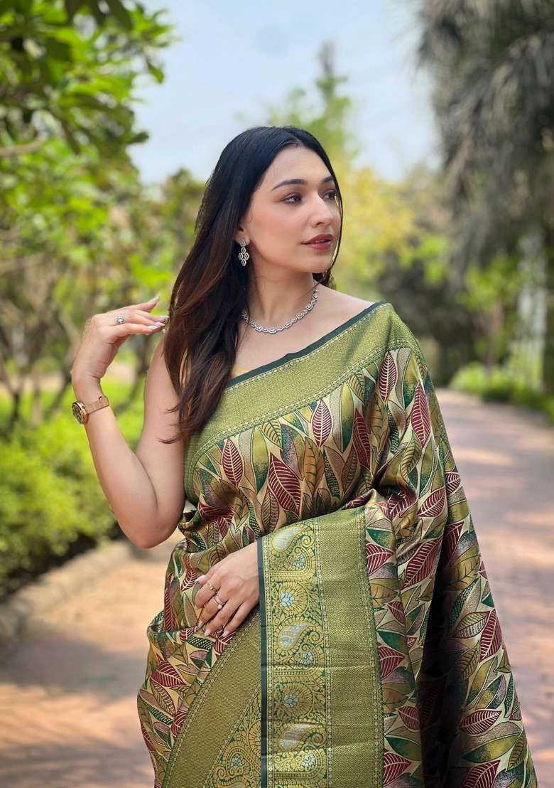 Green Zari Work Silk Blend Saree Set for Diwali and Festive Wear - Indya