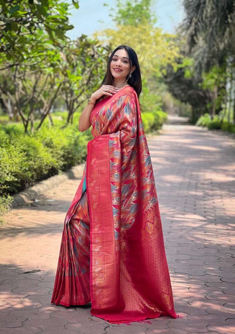 Hot Pink Zari Work Silk Blend Saree Set for Diwali and Festive Wear - Indya